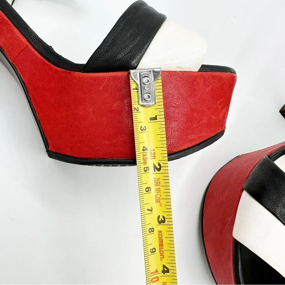 Stuart Weizmann Black Red and White Wide Strap Platform Sandals with Ankle Strap